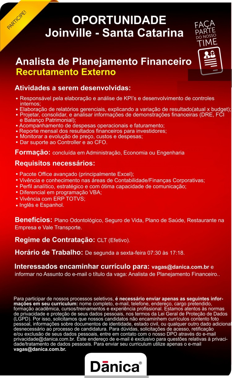 Analista de Planejamento Financeiro | Joinville - SC